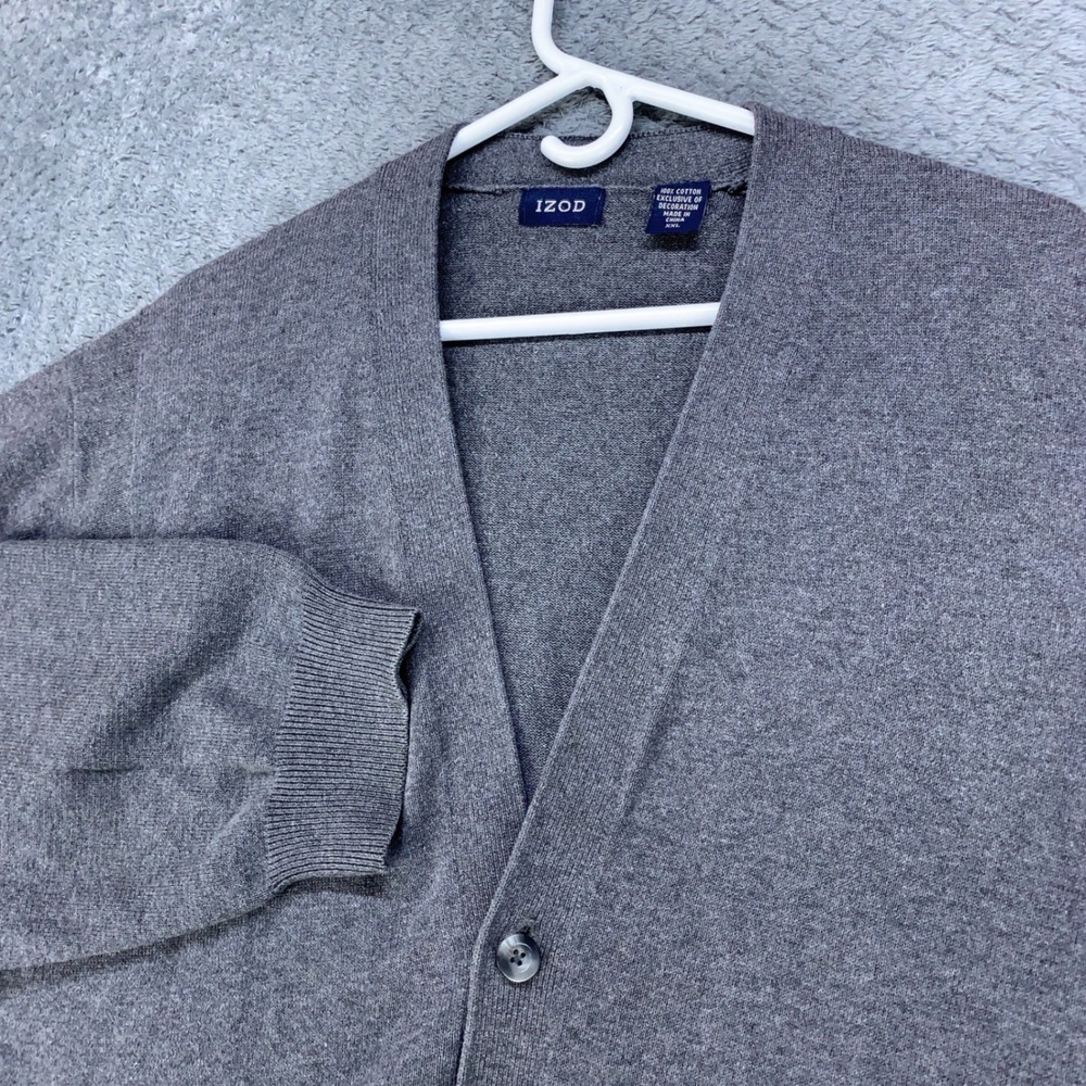 IZOD Cardigan Sweater Mens XXL Gray 100% Cotton Button Up V-Neck Knit 8216